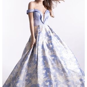 Sophisticated Off-Shoulder Blue and Gold Prom Dress